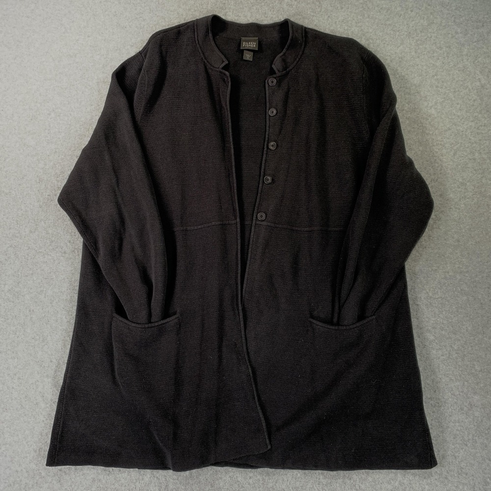 Eileen Fisher Cardigan Sweater Womens 1X Black Silk Cotton Longline Pockets